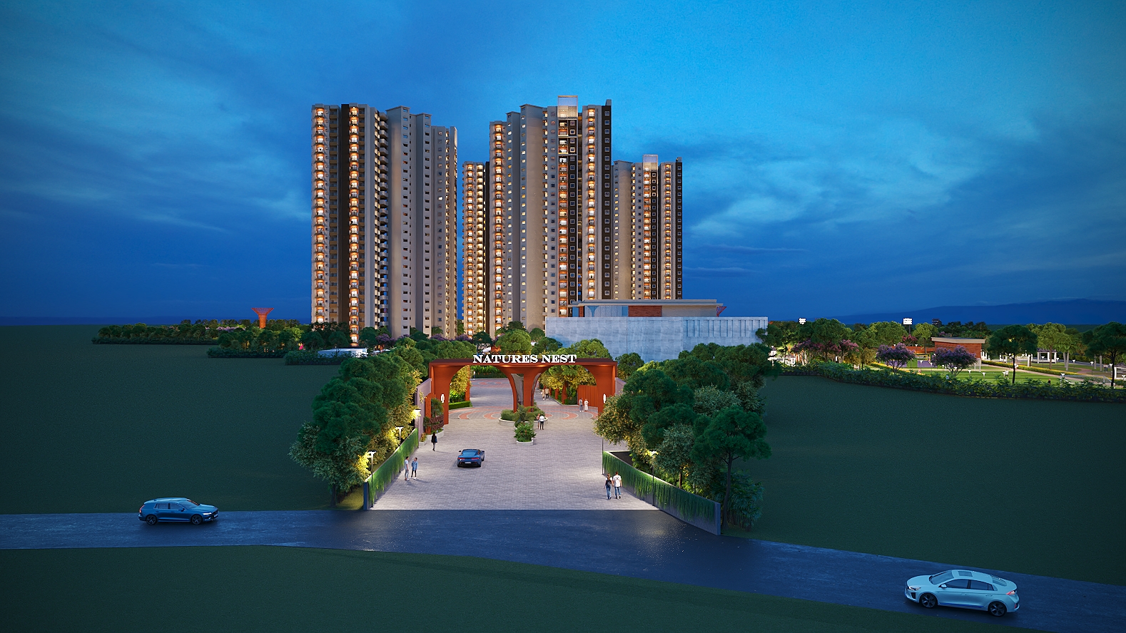 NPS Natures Nest Grand Entrance Night View Kanamangala East Bangalore New Launch Luxury Apartments
